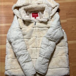 GUESS Women's White and Cream Puffer Jacket